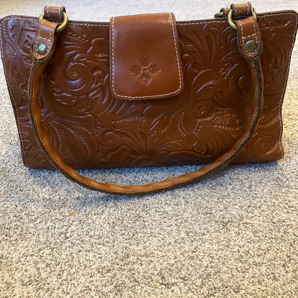 Patricia Nash Rienzo Satchel Tan Tooled Leather Floral Shoulder Bag Cognac Brown
